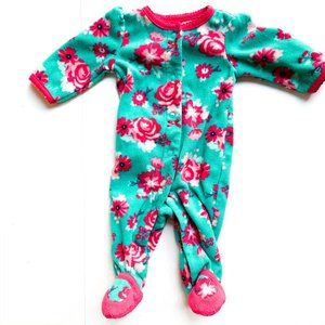 teal onesie w/footies + bright pink flowers